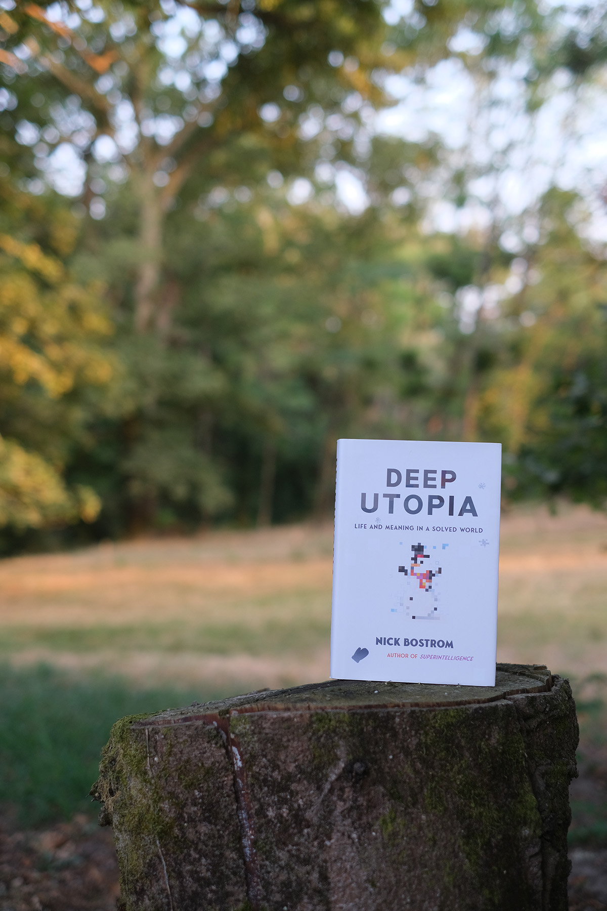 Photo of Deep Utopia by Nick Bostrom at a tree trunk in a countryside field