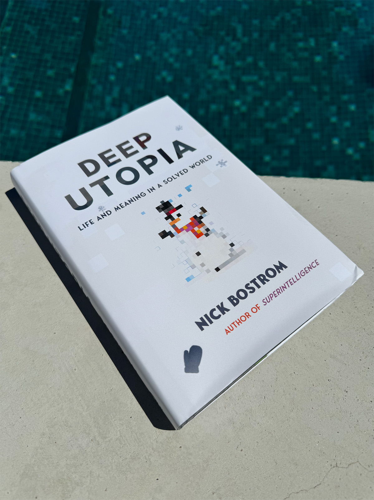 Photo of Deep Utopia by Nick Bostrom at the side of an outdoor swimming pool