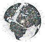 Illustration with the contours of Earth and a myriad of lines emanating from its centre